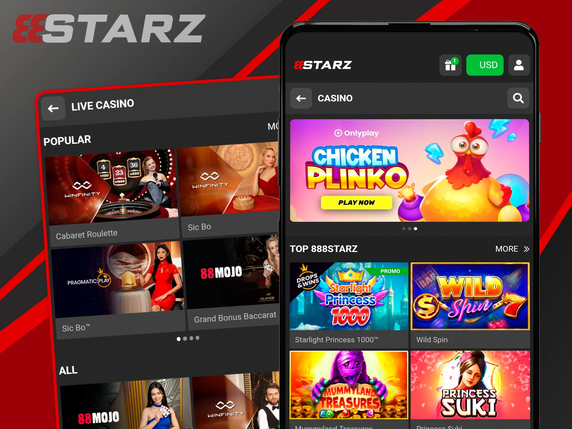 The 888starz app offers you casino games.
