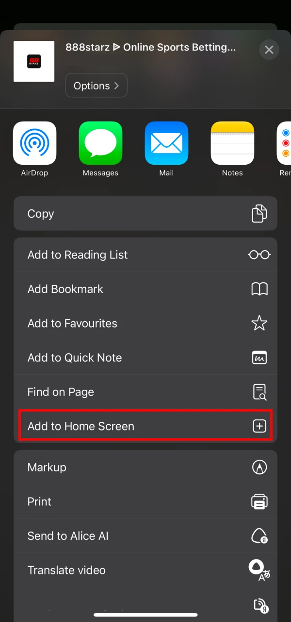 After clicking the share button, you need to click the add to home screen button to install the 888starz app for iOS.