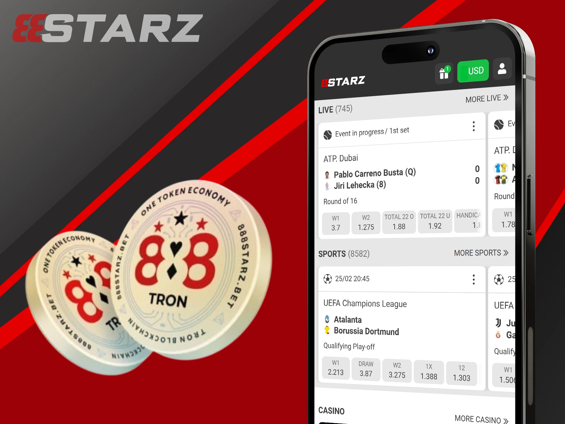 You can receive dividends in the form of tokens in the 888starz app.