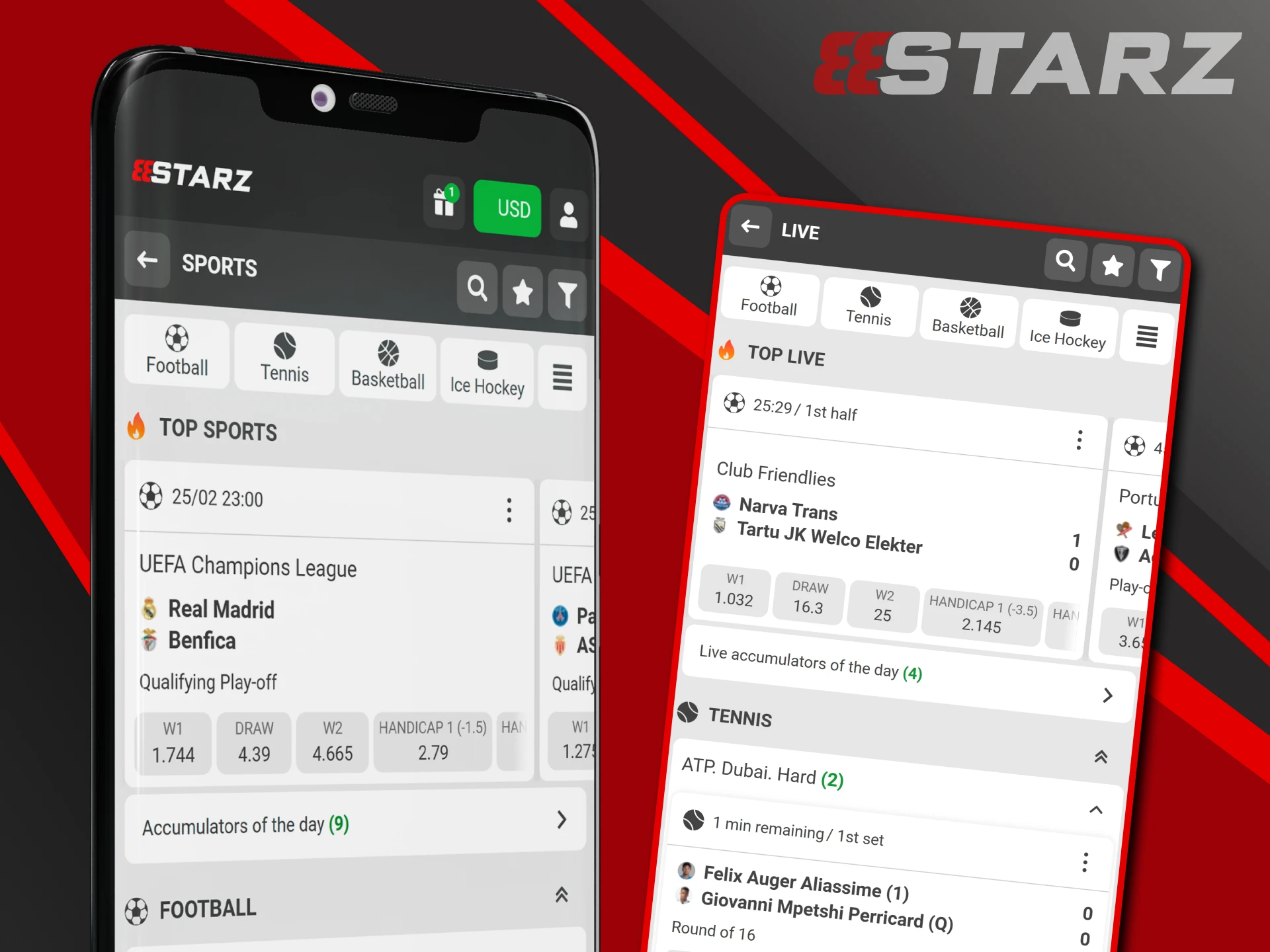 The sports section invites you to place bets in the 888starz app.