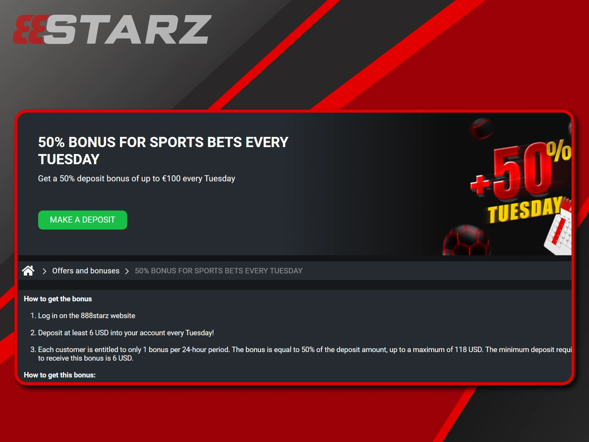 Get 50% bonuses on Tuesday from 888starz