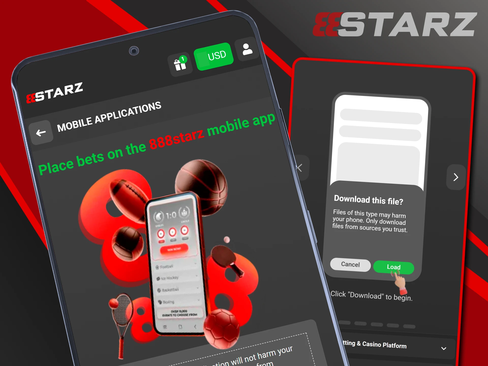 The 888starz app is available for download to your phone.