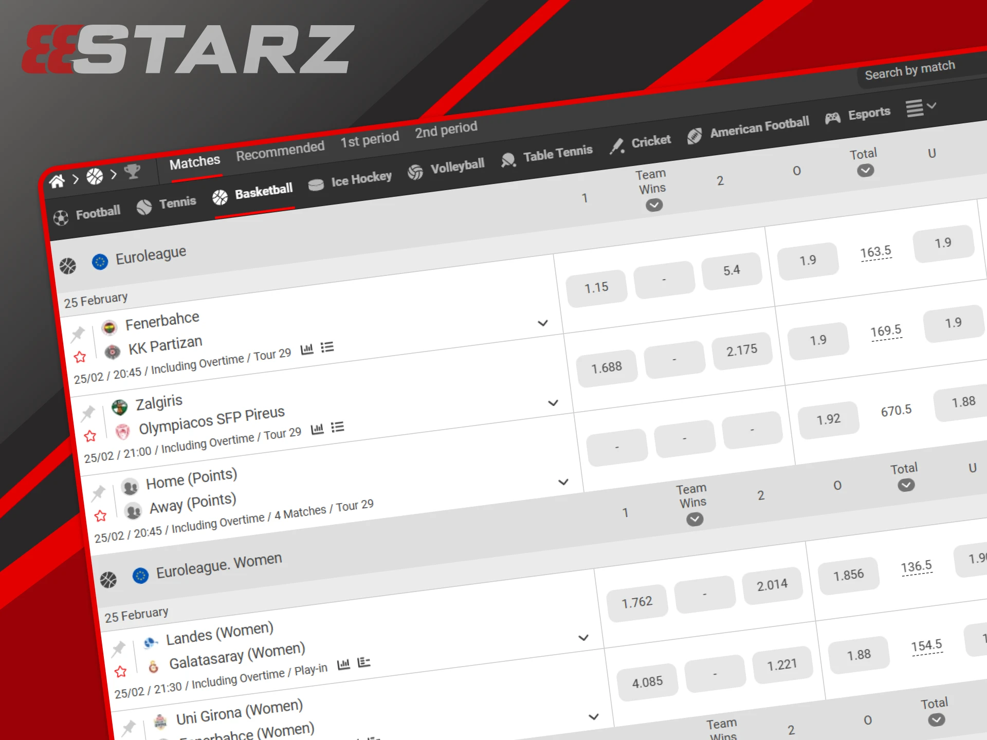 Basketball bets can be placed in the sports section of the 888starz website.