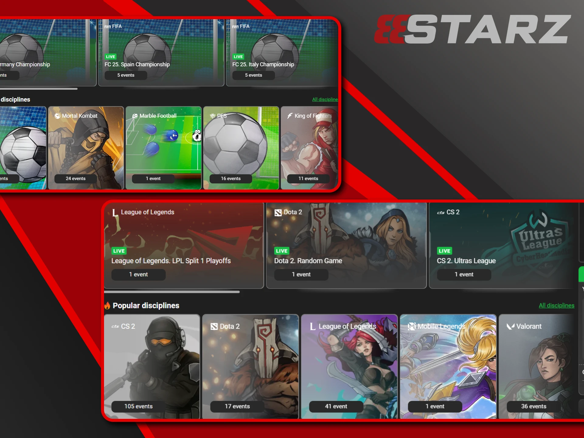 Esports and Vsports sections are available for betting on the 888starz website.
