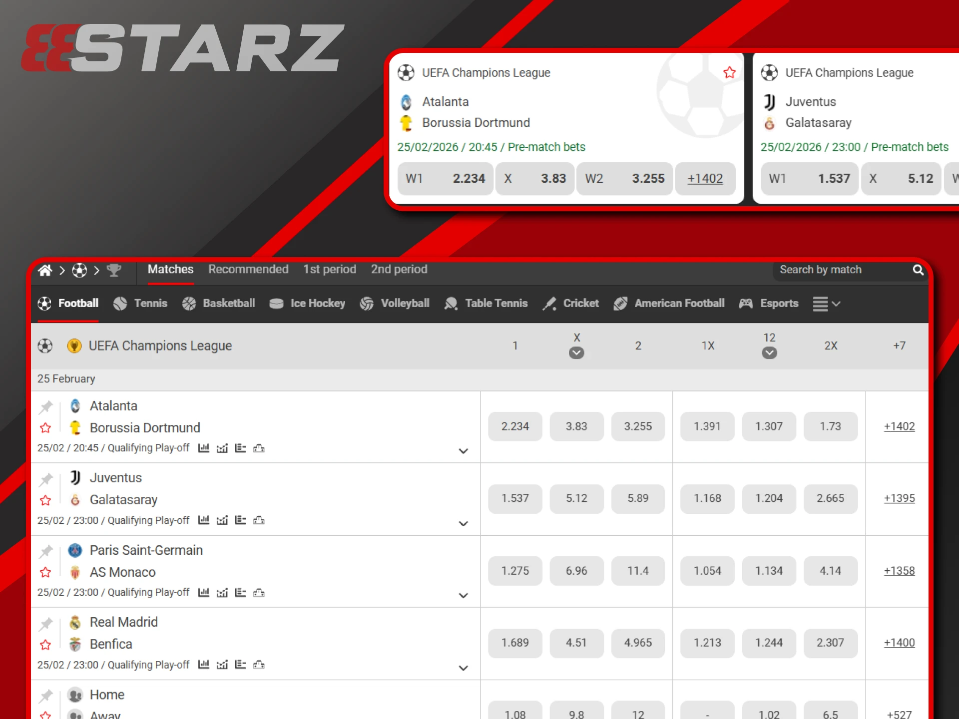 Place your bets on football events at 888starz.