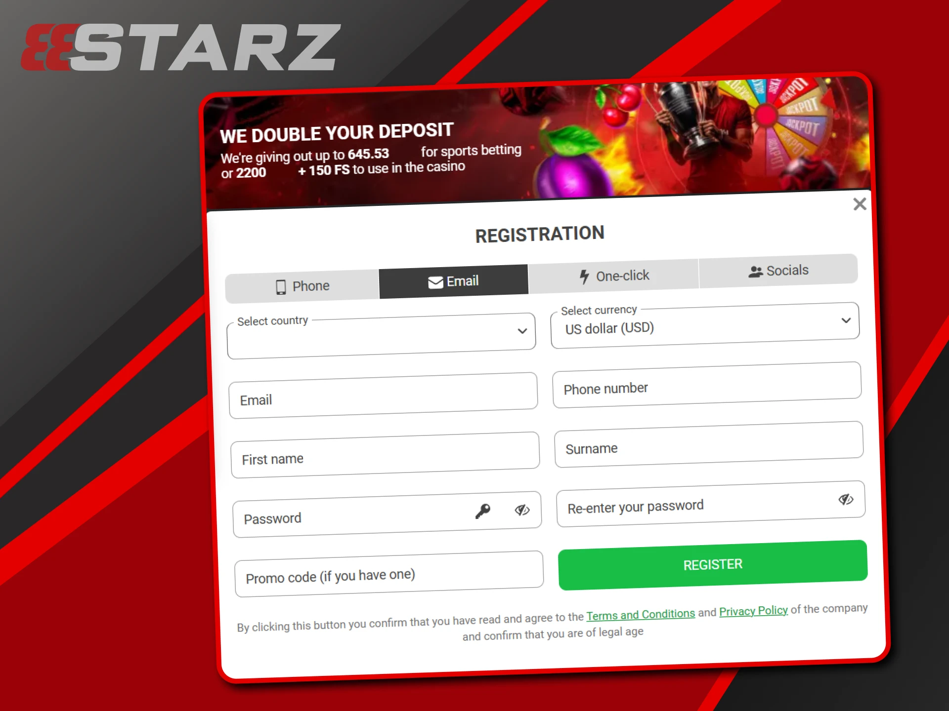 Email can be used to register on the 888starz website.
