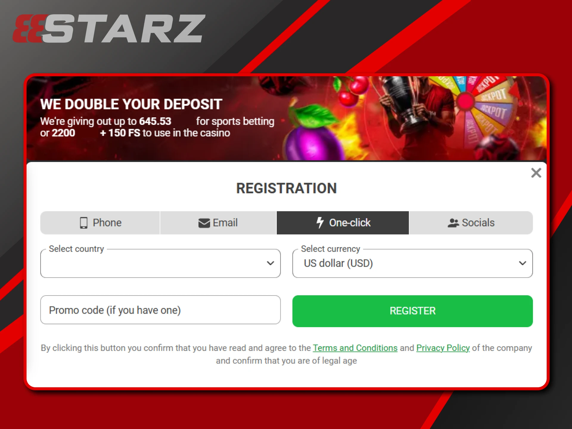 It only takes one click to register on the 888starz website.