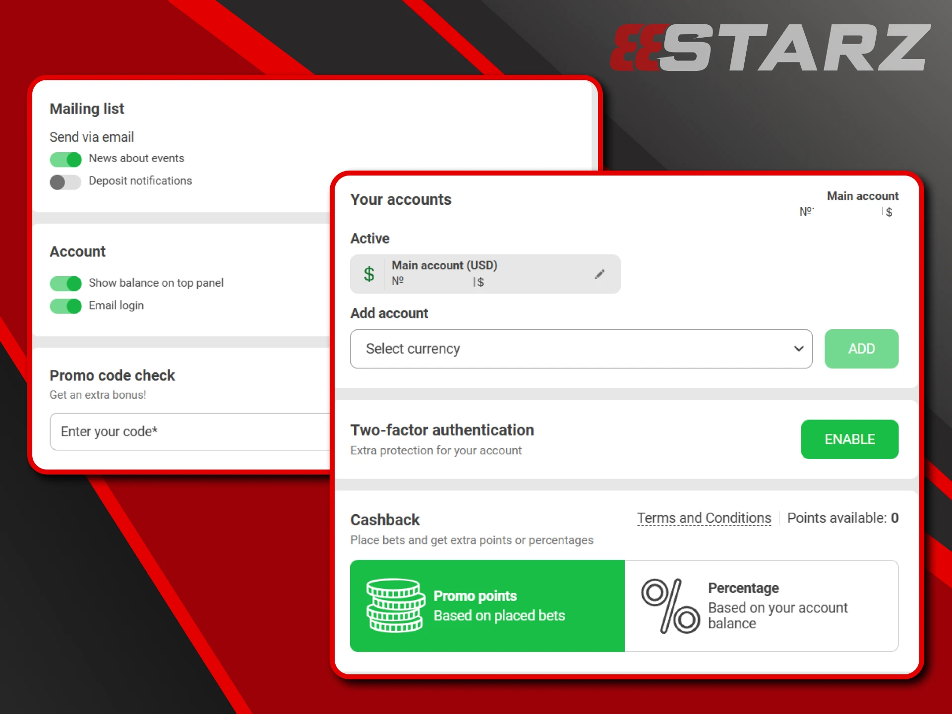 Once you register, you can set up your 888starz account.