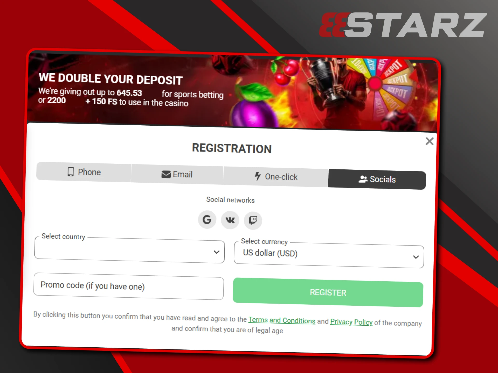Registration via social networks allows you to register on the 888starz website.